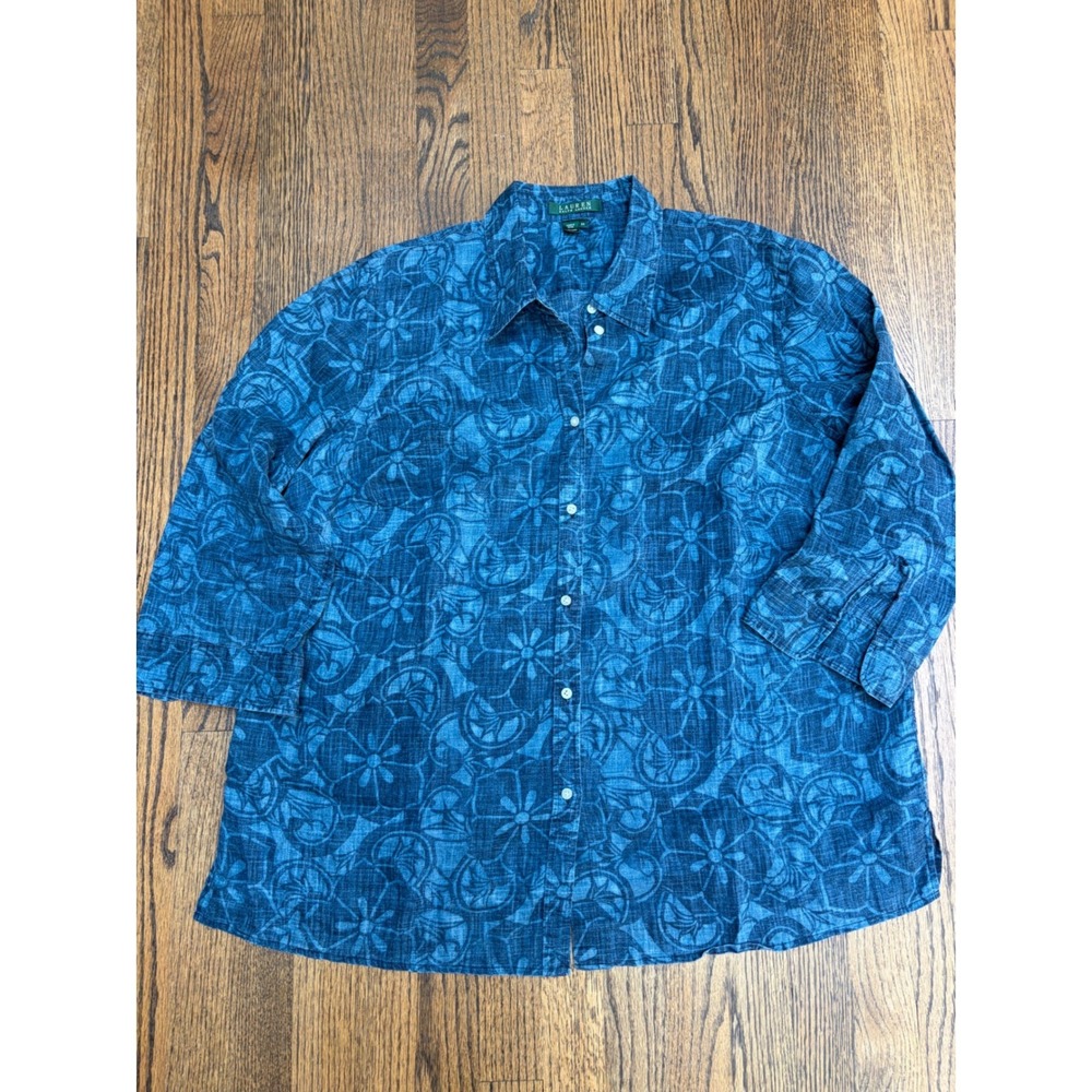 Lauren Ralph Lauren Shirt Women 2X Blue Linen Floral 3/4 Sleeve Top Boho Slub